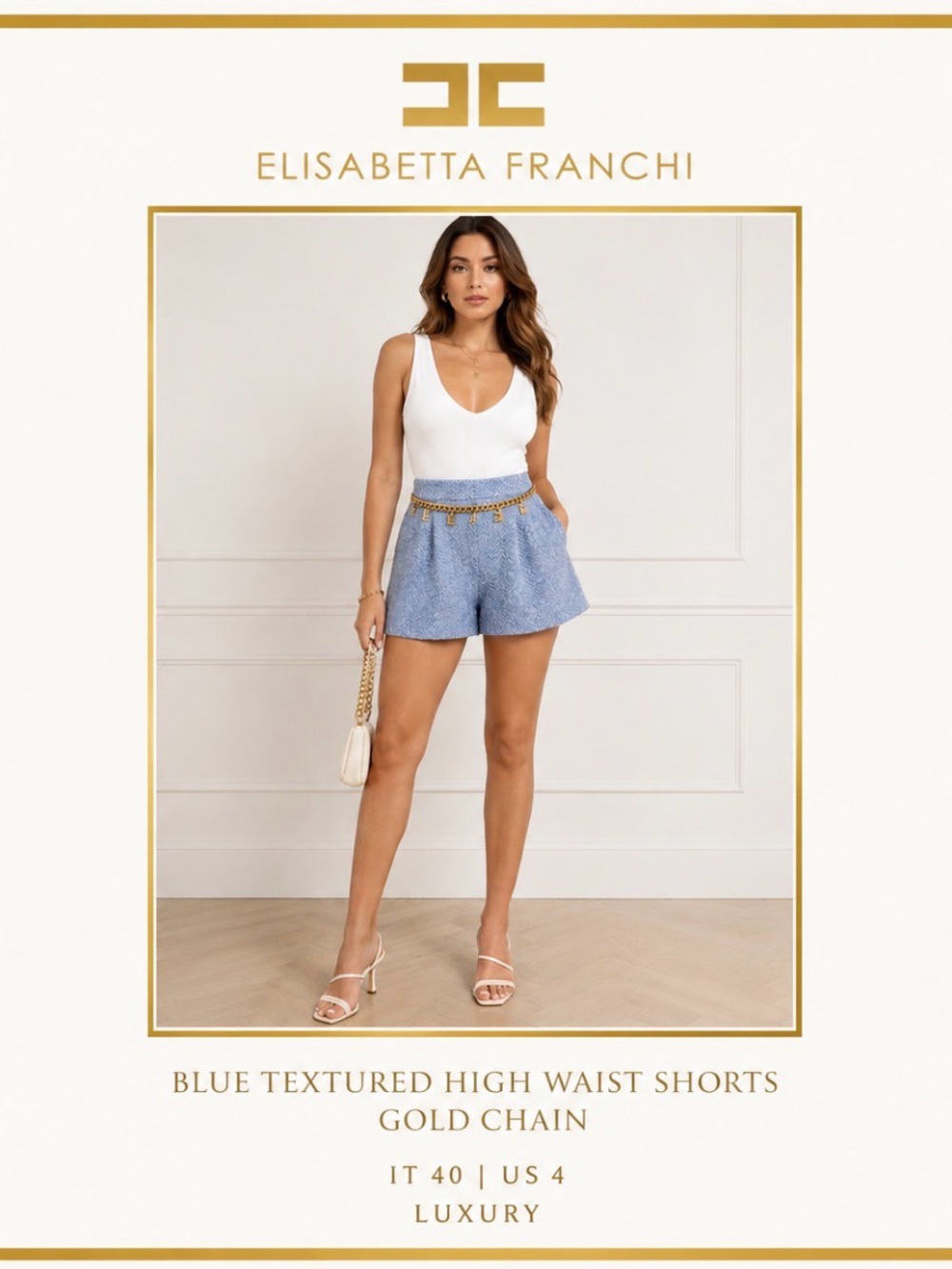 Elisabetta Franchi Blue High Waist Shorts IT 40 US 4 Gold Chain Detail Luxury